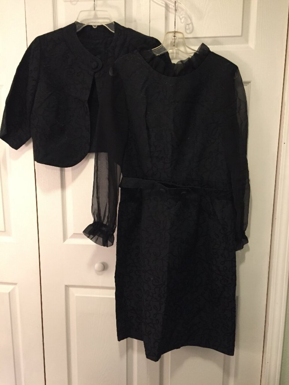 Vintage 2 PC Dress & Jacket Set Handmade Floral Jacquard Black SHEER SLEEVE M